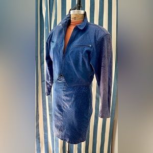 80s/early 90s Denim Blue Leather Skirt Suit